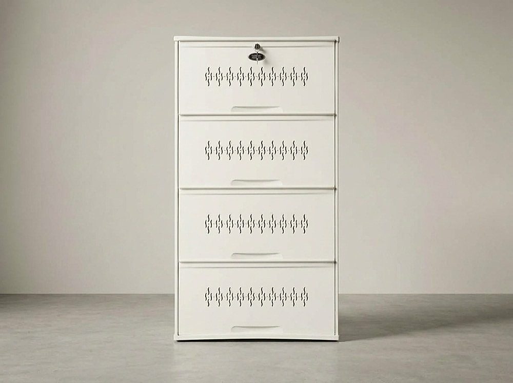 4-Step steel shoe rack in Ivory White, front view showing the lock, ventilation cut-outs and tilt-out tiers