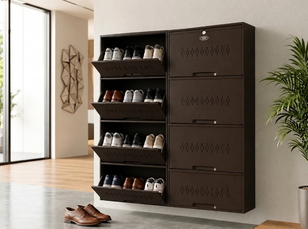 Two Coffee Brown wall-mounted Shoeden steel shoe racks fixed to a foyer wall, tiers tilted open with shoes inside