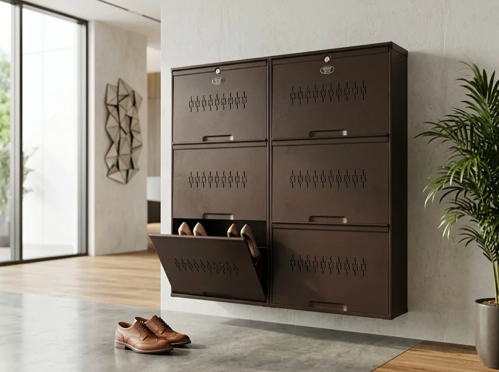 Two Coffee Brown wall-mounted Shoeden steel shoe racks fixed to a foyer wall, one tier tilted open with shoes inside