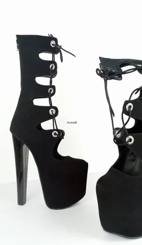 Black Gladiator Lace Up Heel Mid Boots