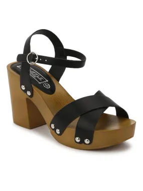 Black PU Crossover Ankle Strap Block Heels