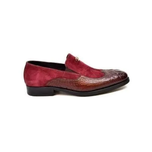 British Walkers Shiraz Crocs Men's Burgundy Crocodile Leather and Suede Loafers