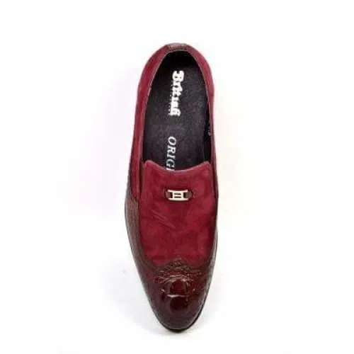 British Walkers Shiraz Crocs Men's Burgundy Crocodile Leather and Suede Loafers