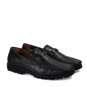 Chunky Sole Black Loafer Textured Leather With Horse-bit Buckle Detailing