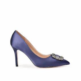 Elegant Blue Satin Pumps with Crystal Embellishment | 472L-Q